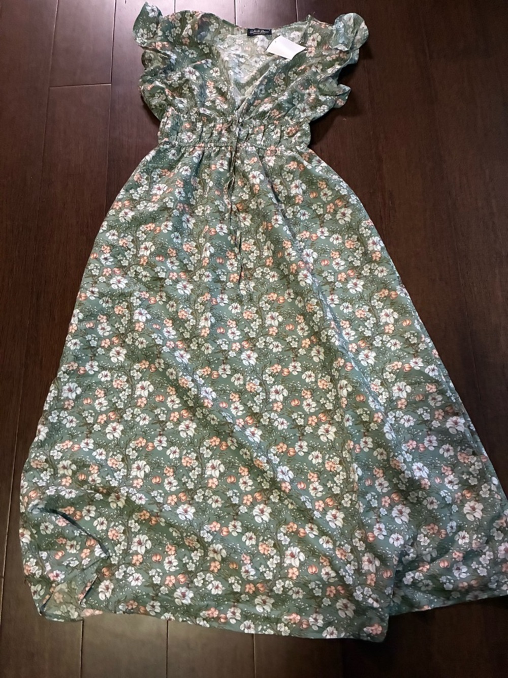 Green Floral Ruffle-Sleeve Dress